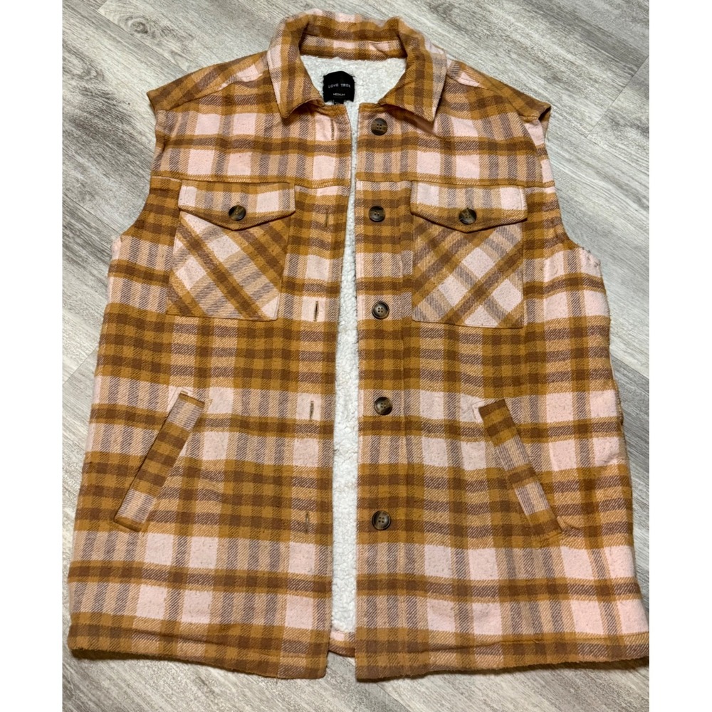 LOVE TREE‎ Plaid Sherpa Lined Vest Women's Medium Tan Pink Sleeveless Collared